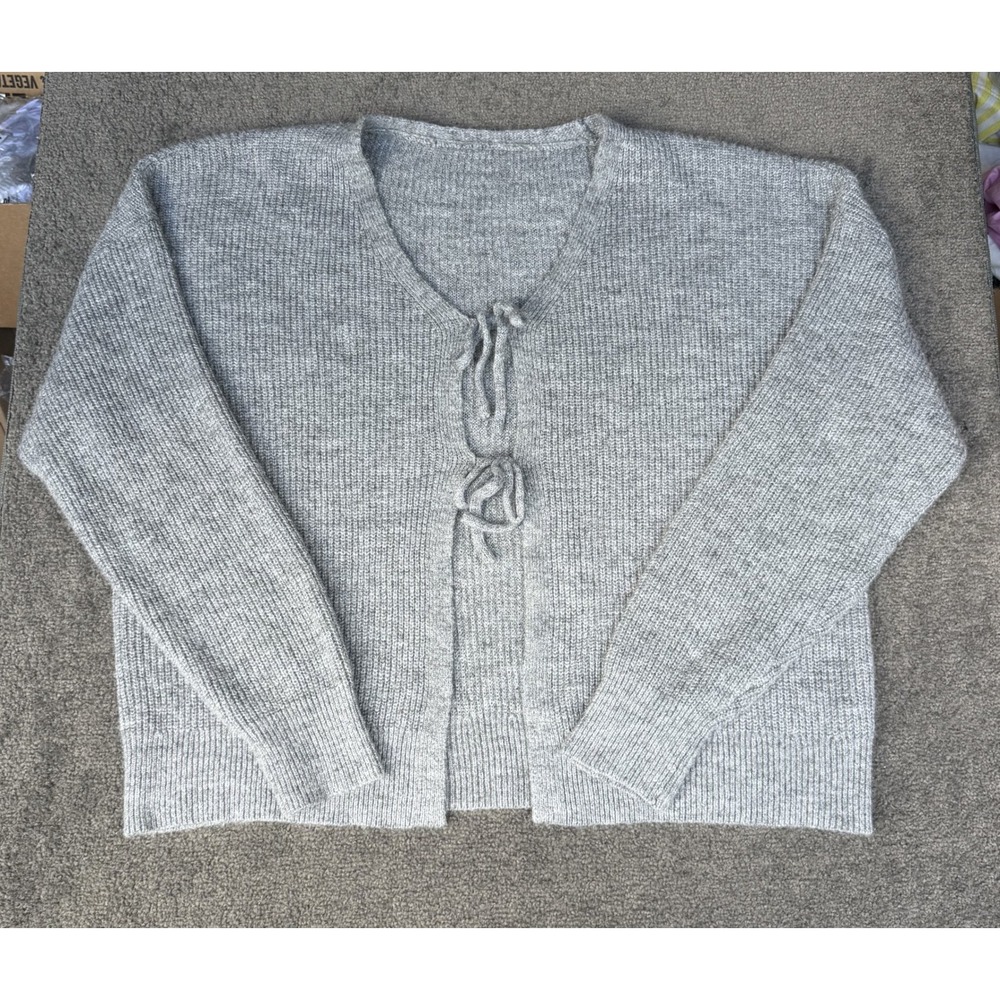 Commense Grey Ribbed Tie Front Wool Blend Cardigan Sweater Size M OA240812004